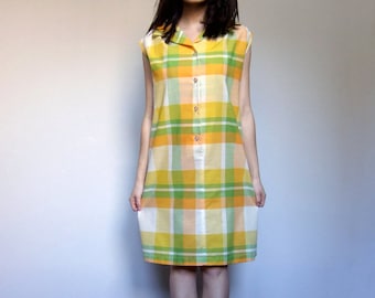 70s Yellow Plaid Dress Collared Shift Button up Cotton Sleeveless Summer House Dress - Extra Large XL