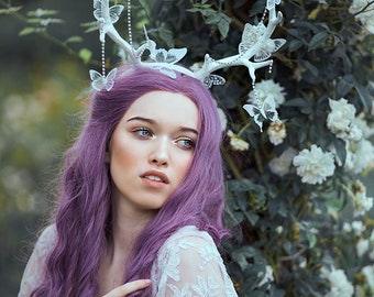 Horns Fairy Antlers headband white butterflies horn headpiece crown faun cosplay