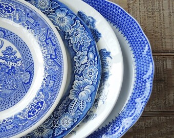 Mismatched Blue and White Dinner Plates for Weddings Set of 4 English Blue Transferware English China, Rustic Replacement China