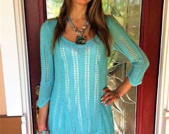 Turquoise Knit Dress, Light Blue Knit, Summer Dress, Long Sleeved Dress, Feminine Dress, Beautiful Dress, One of the Kind, Unique Dress