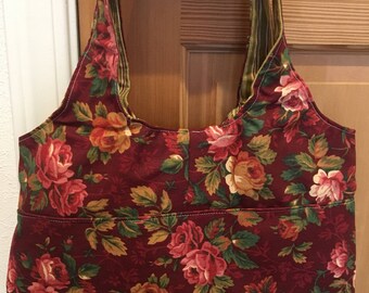 NEW vintage rose handbag tote with coordinating striped lining western purse burgandy