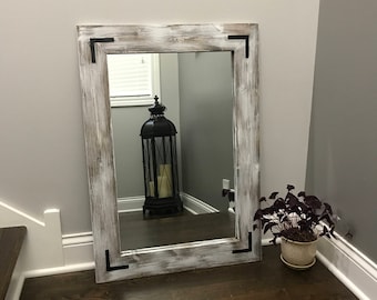 WHITEWASH Mirror, Wood Framed Mirror, Rustic Wood Mirror, Bathroom Mirror, Wall Mirror, Vanity Mirror, Small Mirror, Large Mirror. Gift
