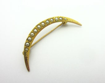 Art Nouveau Seed Pearl Crescent Pin 10k Yellow Gold Crescent Brooch