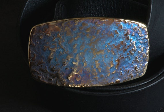 Hand Forged Blue Gold Belt Buckle Signed Original Rodeo Cowboy Hypoallergenic Buckle Textured Stainless Steel Fits 1.5" Belt for Blue Jeans
