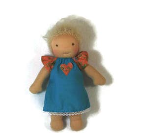 7 to 8 inch Waldorf Doll Dress, blue and floral doll dress, tiny doll dress