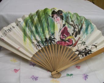 Vintage Hand Held Fan Paper & Wood with Geisha Girl 16" Decorative Functional Collectible Fan Wall Decoration
