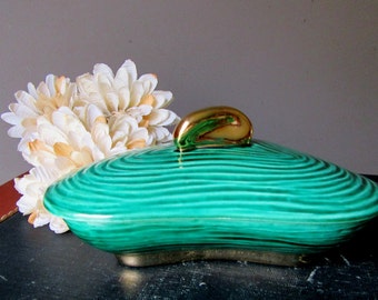 Mid Century Dick Knox California Pottery Free Form Trinket Dish With Lid Emerald Green Gold Accents Signed Lidded Box Dish Ceramic