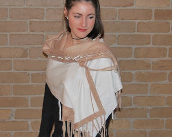 Remake with Popular Demand High Fashion Wrap/Cloak/Shawl/Stole/Scarf/Gift/Silk Cashmere coffee-creme suede /tassles.