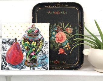 Red Pear and Ginger Jar orginal acrylic mixed media still life painting by Polly Jones