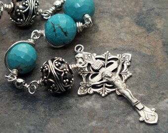 Turquoise and Sterling Silver Three Hail Mary's Chaplet, Gemstone Chaplet, Heirloom Chaplet, Catholic Chaplet, 3 Hail Mary's Chaplet