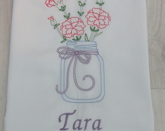 Personalised Embroidered Kitchen Tea Towel - Carnations in Mason jar