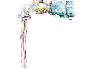 Water Spigot Painting - Print from Original Watercolor Painting, "Garden Spigot 1", Faucet, Water Faucet, Antique Faucet