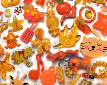 50 Orange Kawaii Charms - Cute Trinkets Grab Bag - Kitsch Charms Mystery Bag - Cute Charms Beads Doodads for DIY Charm Bracelets - Lucky Dip