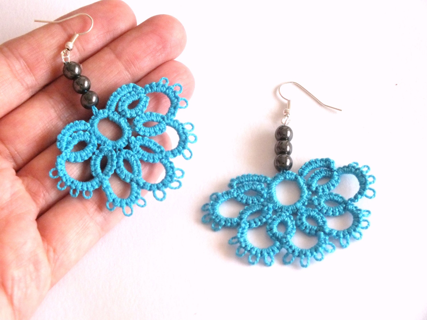 Turquoise Tatted Earrings with Hematite Beads Half Flower