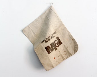 vintage bank bag, canvas money bag, typography textile