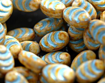 New Life - Czech Glass Beads, Opaque White, Picasso, Turquoise Wash, Cocoon Beads 13x8mm - Pc 8