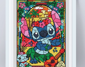 Disney cross stitch pattern "Lilo and Stitch" in pdf. Stained glass cross stitch pattern. Instant download. Counted cross stitch pattern.