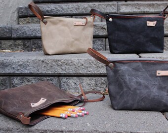 Waxed canvas bag, Pencil Pouch, Makeup Bag, Toilitery Bag,