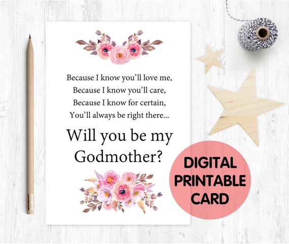 PRINTABLE will you be my godmother card, godmother card, printable godmother card, godmother poem, floral, godmother poem card printable