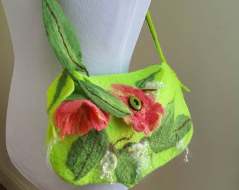 Felted Wool Bag with Flowers. Shoulder Bag. Chartreuse and Salmon Boho Felted Purse With 3D Blossoms and Leaves. Wearable Art Tote.