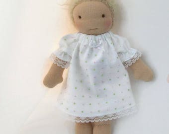 8 to 9 inch Waldorf doll pink and green dots cotton flannel nightgown