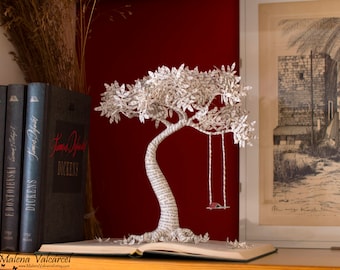 Book Arts - Paper Tree with Swing - Book Sculpture - Altered Book . MADE TO ORDER