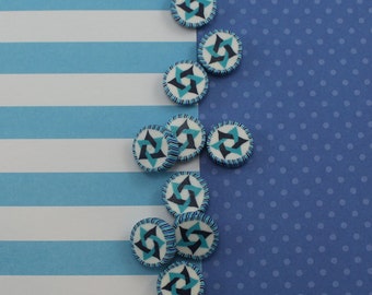 Star of David beads, polymer clay round flat beads, Jewish Symbol in blues turquoise and white, set of 10 Polymer clay beads