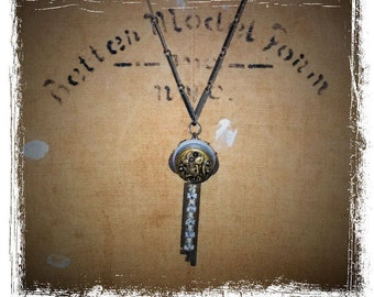 Handmade Vintage Key Necklace Victorian Jewelry Found Object Jewelry Vintage Button Rhinestone Necklace Indie Jewelry