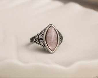 Rose Quartz Ring. Navette Ring