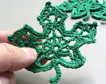 4 Kelly Green Leaf Appliques -- Crochet Maple Leaves