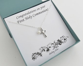 First Communion Gift for Girls, Cross and Pearl Necklace, sterling silver cross necklace, First communion necklace, Confirmation gift, MHD