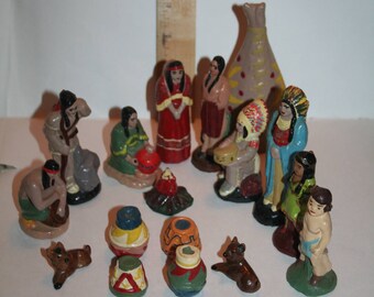 Very Old Antique Chalkware Collection Native Americans Indian! Squaw, Chief, Warrior, Dogs, Campfire, Tepee, Baskets, More!! 17 Pieces!