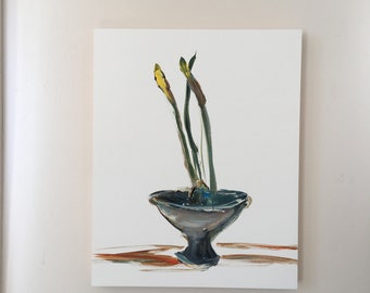NEW ITEM- Daffodil Bulbs- 20 X 16- Flower Paint Sketch- Gesso Panel- Natural Wood 1-1/2 inch Edges - Ready to Hang