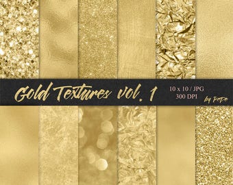 Gold digital papers, foil background, glitter textures, realistic gold, glam patterns, gold foil, gold glitter, download
