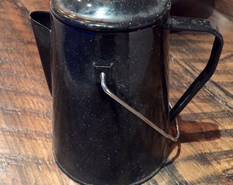 Vintage BLACK ENAMEL COFFEE Pot, Spatterware Graniteware Coffeepot, Camping Cottage Coffee Pot, Farmhouse Decor