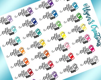 Coffee Date //Words & Icons, Multi Color, Planner Stickers, Calendar Stickers, Matte Sticker Paper