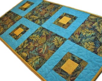 Autumn Quilted Table Runner, Modern Quilted Table Mat, Blue Gold and Brown Table Runner, Autumn Decor, 16"x31", Quiltsy Handmade