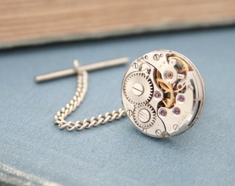 Tie Tack with Chain Mens Silver Tie Pin Steampunk Tie Tack Watch Movement Wedding Mens Accessories Metal Tie Tacks Clutch and Chain