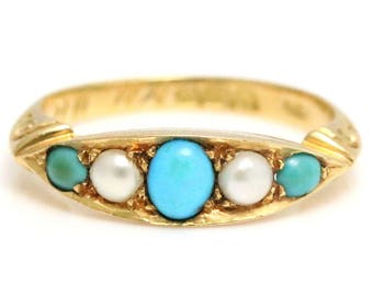 Antique 18ct Gold Turquoise Pearl Ring c.1901