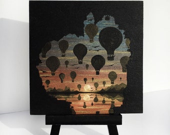 Hot air balloons -cave-sunset - silhouette - miniature miniature limited edition print mounted on wood