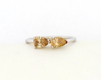 One of a Kind Champaign Pear Shape Diamond Two Stone Engagement Ring, Pear Shape Diamond Ring, Unique Pear Shape Diamond Engagement Ring