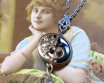 Dragon, Antique BUTTON necklace, 1800s Victorian beast on silver chain. One of a kind, button jewellery.