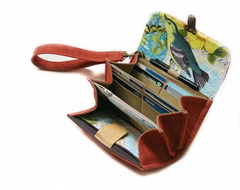 Smartphone wallet clutch - medium/ salmon red wallet clutch, iphone holder, phone purse, bird wallet gift for mother - READY TO SHIP