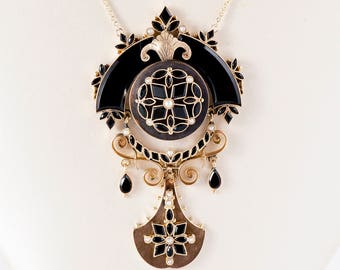 Antique Necklace - Antique Victorian 15k Yellow Gold Circa 1870's Onyx & Seed Pearl Mourning Necklace