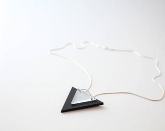 Triangle Pendant - Black & Silver Mirror - Laser Cut Acrylic on Silver Snake Chain