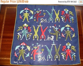 ON SALE 1950's Tammis Keefe Blue Acrobats Hankie