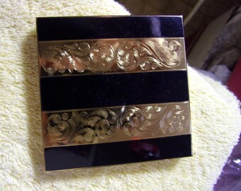 Vintage Gold and Black Toned Elgin American Powder Puff #1294-1 Compact