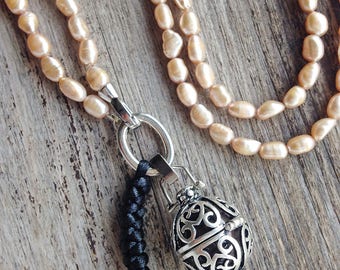 Harmony ball ivory pearl bola angel caller necklace pendant tassel chime silver pendant relaxation necklace gift for her friend pregnant