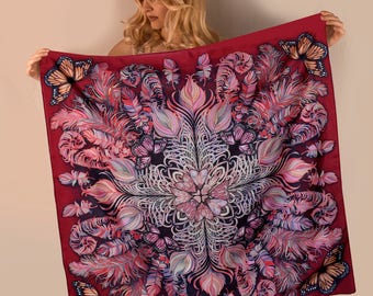 Red Scarf, Silk scarf, Square Scarf, Vine Red scarf woman, Hand Painted silk scarf, square silk scarf Woman scarf
