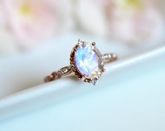Moonstone Engagement Ring Rose Gold Blue Moonstone Engagement Ring Platinum White Gold Moonstone Wedding Ring Antique Vintage Moonstone Ring
